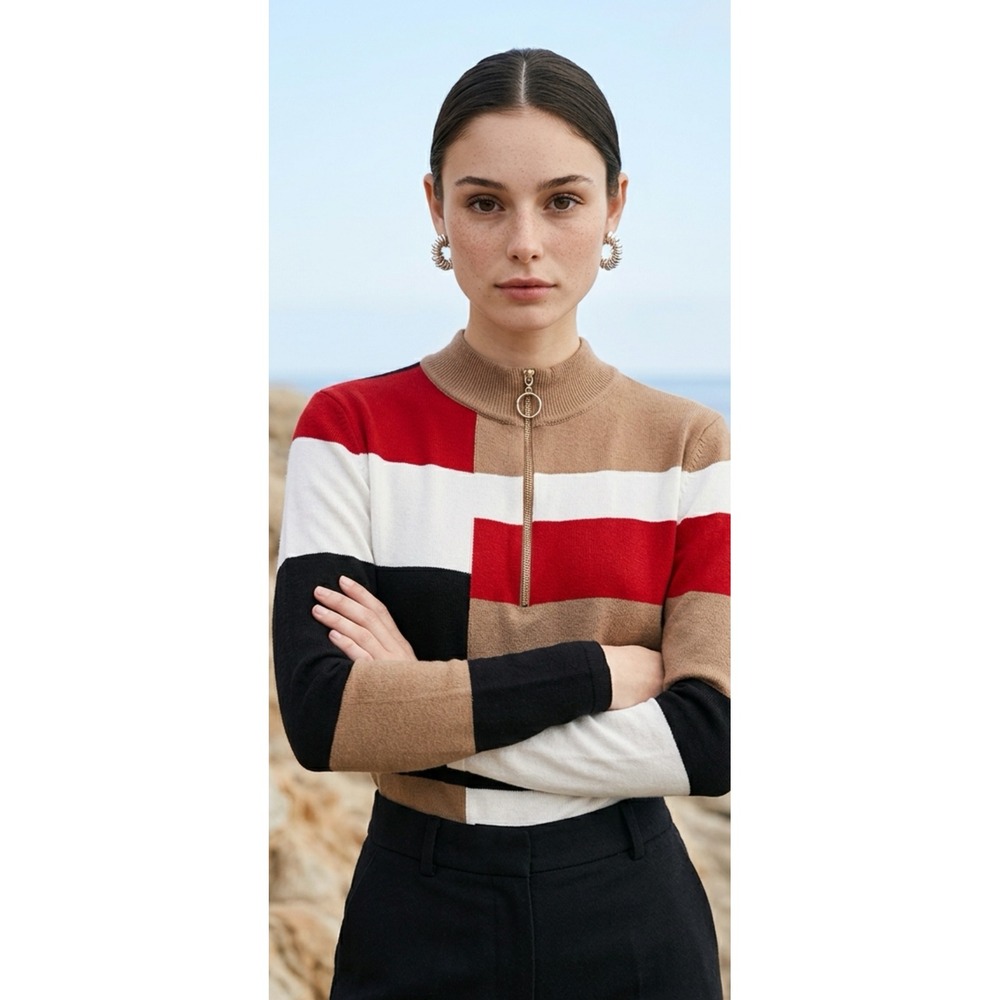 Carol Rose Women Colorblock Quarter Zip Sweater XL Red Black Tan Mock Neck Ring